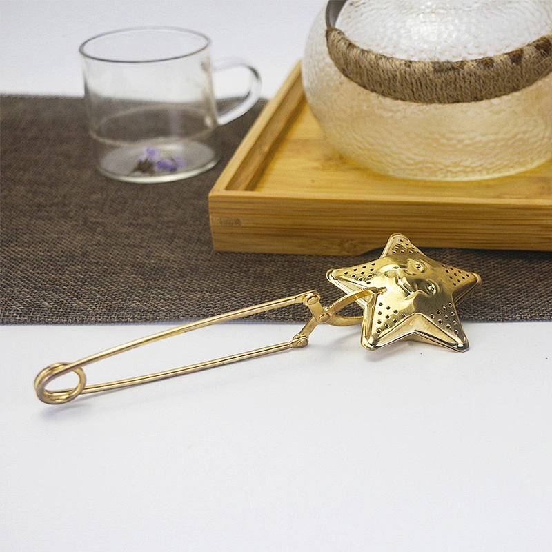 Stainless steel titanium gold plating star shape tea infuser tea strainer with clamping handle