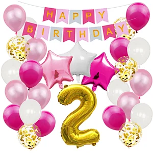 Pink Baby Shower Birthday Party Decoration Supplies Set Happy Birthday Paper Backdrop Banner Number 1/2/3/4/5/6/18 Foil Balloons
