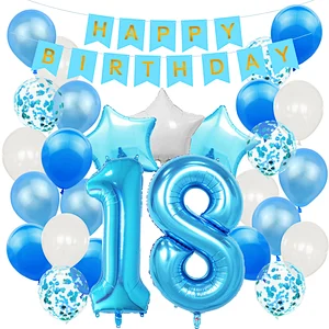 Blue Baby Shower Birthday Party Decoration Supplies Set Happy Birthday Paper Backdrop Banner Number 1/2/3/4/5/6/30 Foil Balloons
