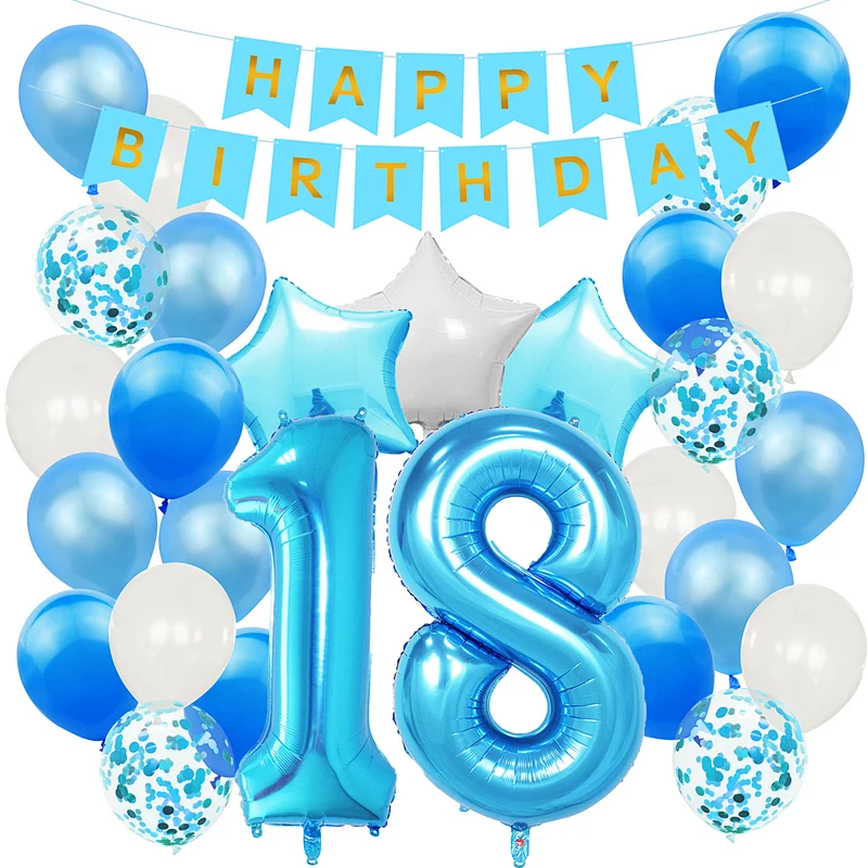 Blue Baby Shower Birthday Party Decoration Supplies Set Happy Birthday Paper Backdrop Banner Number 1/2/3/4/5/6/30 Foil Balloons