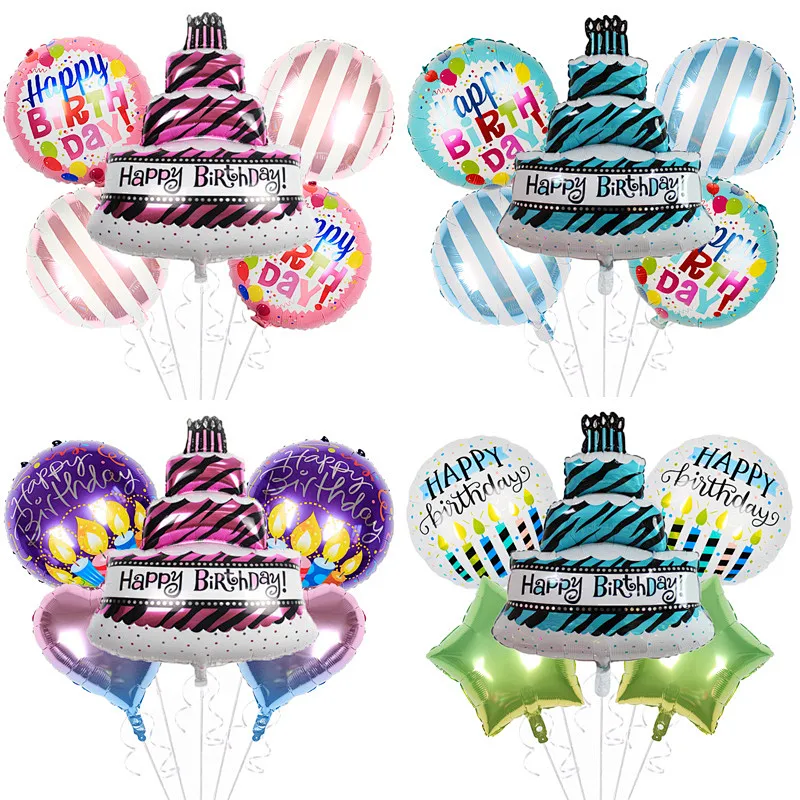 Hot selling 5pcs birthday cake foil balloons bouquet with ribbons helium globes for happy birthday kids party decoration