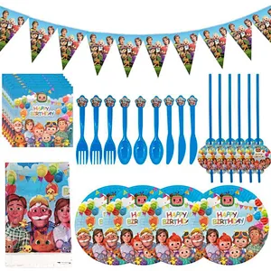 Hot sale Cocomelon birthday party supplies disposable tableware plate cup cake copper table cover