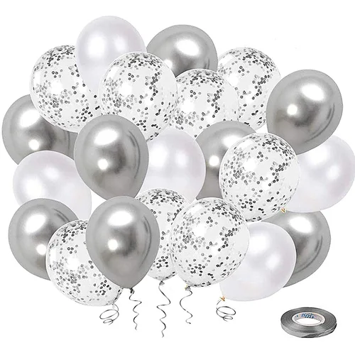 50 Pack 12inch Silver Confetti Latex Balloons Metallic Chrome Party Balloon Set for Wedding Birthday Baby Shower Decorations
