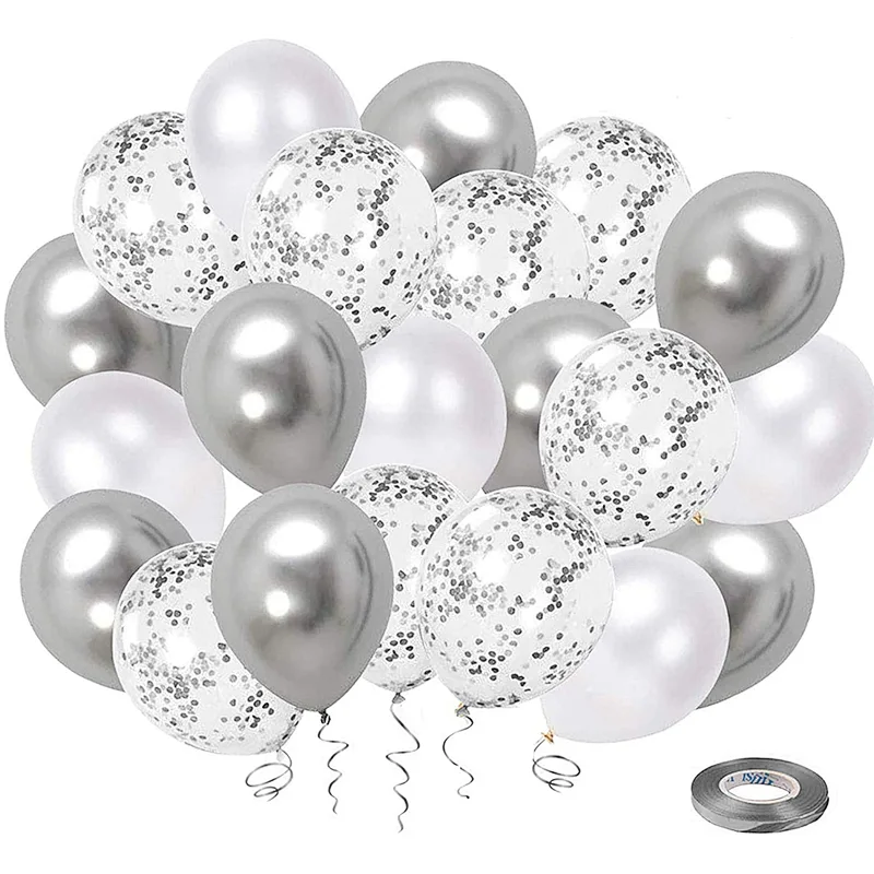 50 Pack 12inch Silver Confetti Latex Balloons Metallic Chrome Party Balloon Set for Wedding Birthday Baby Shower Decorations