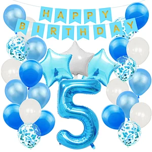 Blue Baby Shower Birthday Party Decoration Supplies Set Happy Birthday Paper Backdrop Banner Number 1/2/3/4/5/6/30 Foil Balloons