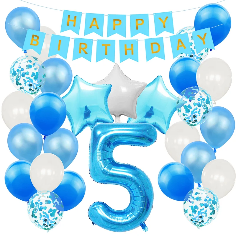 Blue Baby Shower Birthday Party Decoration Supplies Set Happy Birthday Paper Backdrop Banner Number 1/2/3/4/5/6/30 Foil Balloons