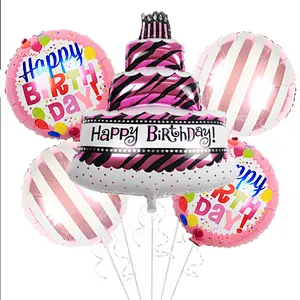 Hot selling 5pcs birthday cake foil balloons bouquet with ribbons helium globes for happy birthday kids party decoration