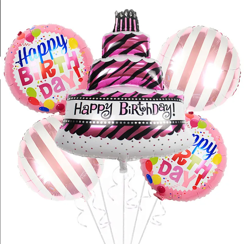 Hot selling 5pcs birthday cake foil balloons bouquet with ribbons helium globes for happy birthday kids party decoration