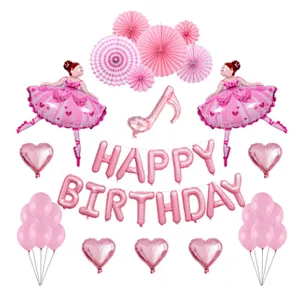 Hot sale pink happy birthday foil balloon set Ballet girl party set  balloon latex paper fan decoration set
