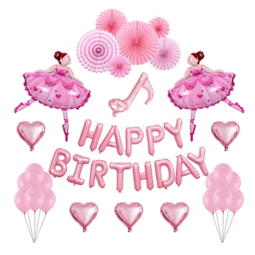 Hot sale pink happy birthday foil balloon set Ballet girl party set  balloon latex paper fan decoration set