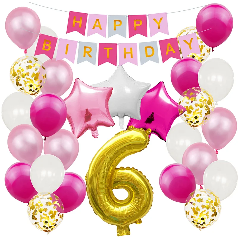 Pink Baby Shower Birthday Party Decoration Supplies Set Happy Birthday Paper Backdrop Banner Number 1/2/3/4/5/6/18 Foil Balloons