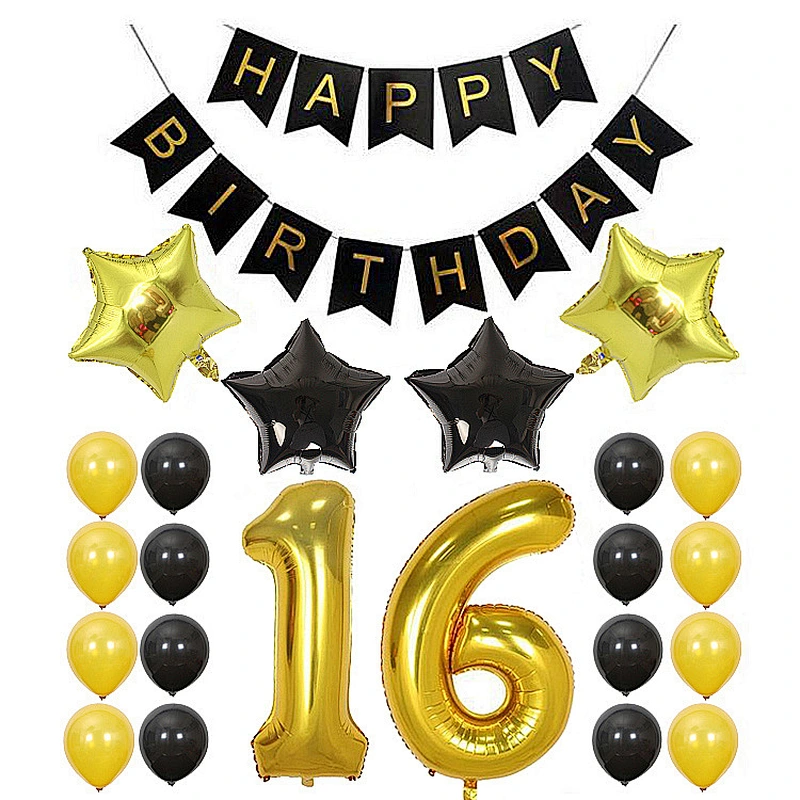 Hot Sale 16 18 30 40 50 60Years Old Happy Birthday Banner set Balloons Gold and Black Number Decorations balloons