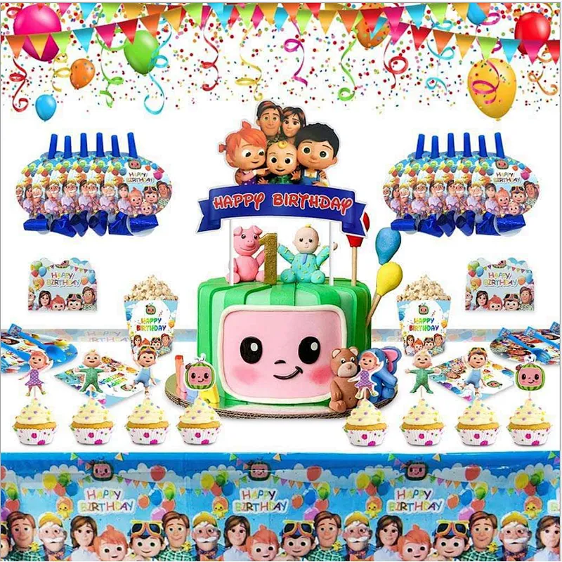 Hot sale Cocomelon birthday party supplies disposable tableware plate cup cake copper table cover