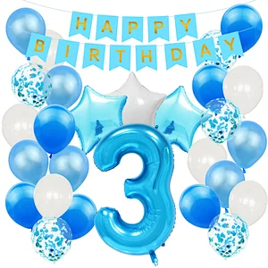 Blue Baby Shower Birthday Party Decoration Supplies Set Happy Birthday Paper Backdrop Banner Number 1/2/3/4/5/6/30 Foil Balloons