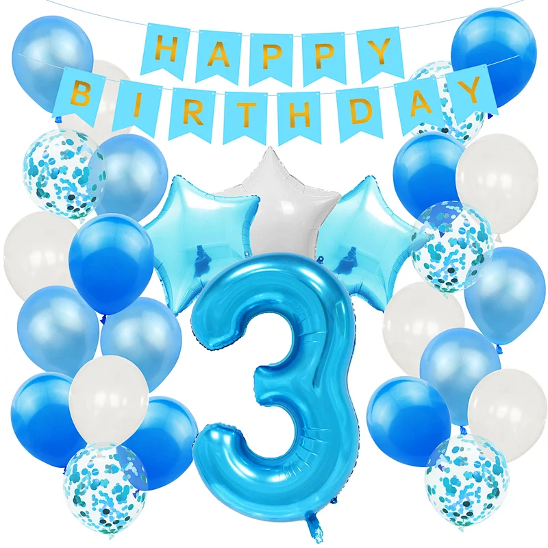 Blue Baby Shower Birthday Party Decoration Supplies Set Happy Birthday Paper Backdrop Banner Number 1/2/3/4/5/6/30 Foil Balloons