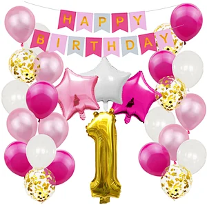Pink Baby Shower Birthday Party Decoration Supplies Set Happy Birthday Paper Backdrop Banner Number 1/2/3/4/5/6/18 Foil Balloons