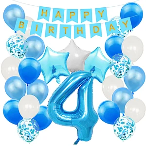 Blue Baby Shower Birthday Party Decoration Supplies Set Happy Birthday Paper Backdrop Banner Number 1/2/3/4/5/6/30 Foil Balloons