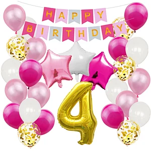 Pink Baby Shower Birthday Party Decoration Supplies Set Happy Birthday Paper Backdrop Banner Number 1/2/3/4/5/6/18 Foil Balloons