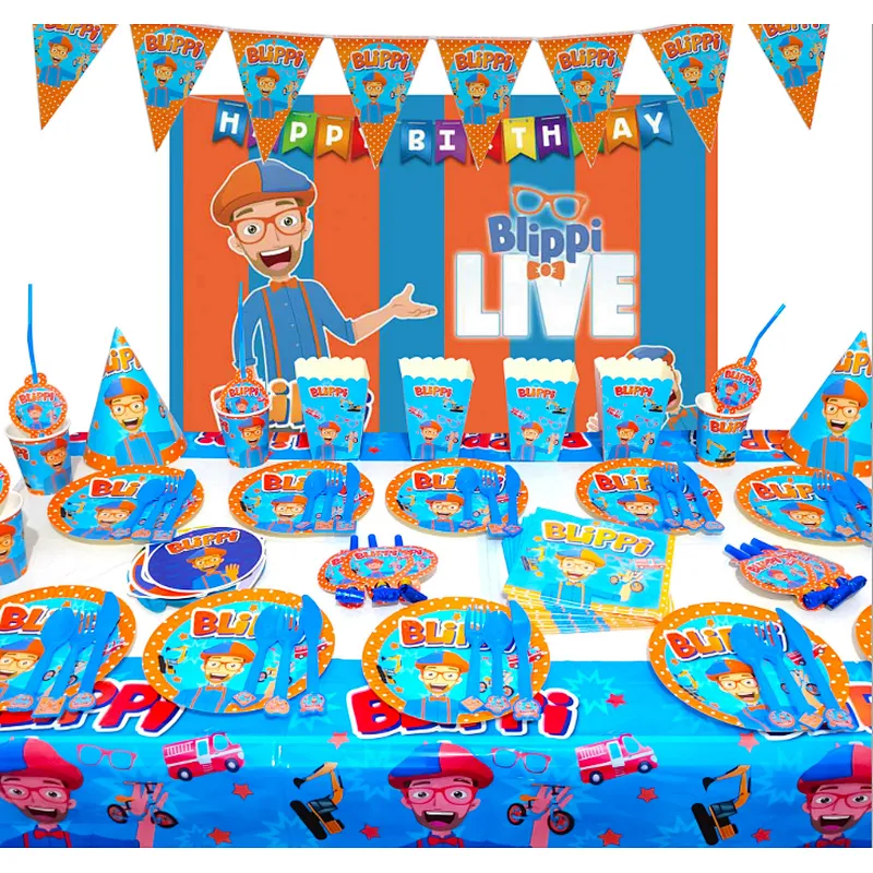 Cartoon Theme Party Supplies Blippi Kids Birthday Decoration Paper Plate Tableware Set Party Supplies