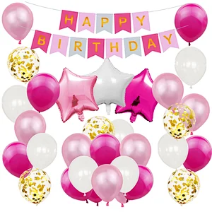 Pink Baby Shower Birthday Party Decoration Supplies Set Happy Birthday Paper Backdrop Banner Number 1/2/3/4/5/6/18 Foil Balloons