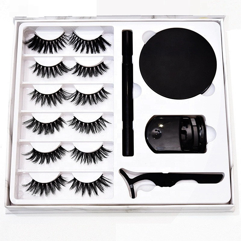7Pairs Synthetic Eyelash Thick Marbling Box 25MM Faux Mink Eyelashes Liquid Eyeliner Pen 20MM Eyelashes Lash Kit