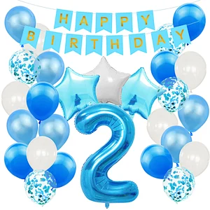 Blue Baby Shower Birthday Party Decoration Supplies Set Happy Birthday Paper Backdrop Banner Number 1/2/3/4/5/6/30 Foil Balloons