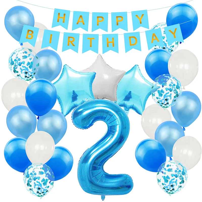 Blue Baby Shower Birthday Party Decoration Supplies Set Happy Birthday Paper Backdrop Banner Number 1/2/3/4/5/6/30 Foil Balloons