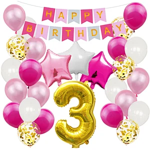 Pink Baby Shower Birthday Party Decoration Supplies Set Happy Birthday Paper Backdrop Banner Number 1/2/3/4/5/6/18 Foil Balloons