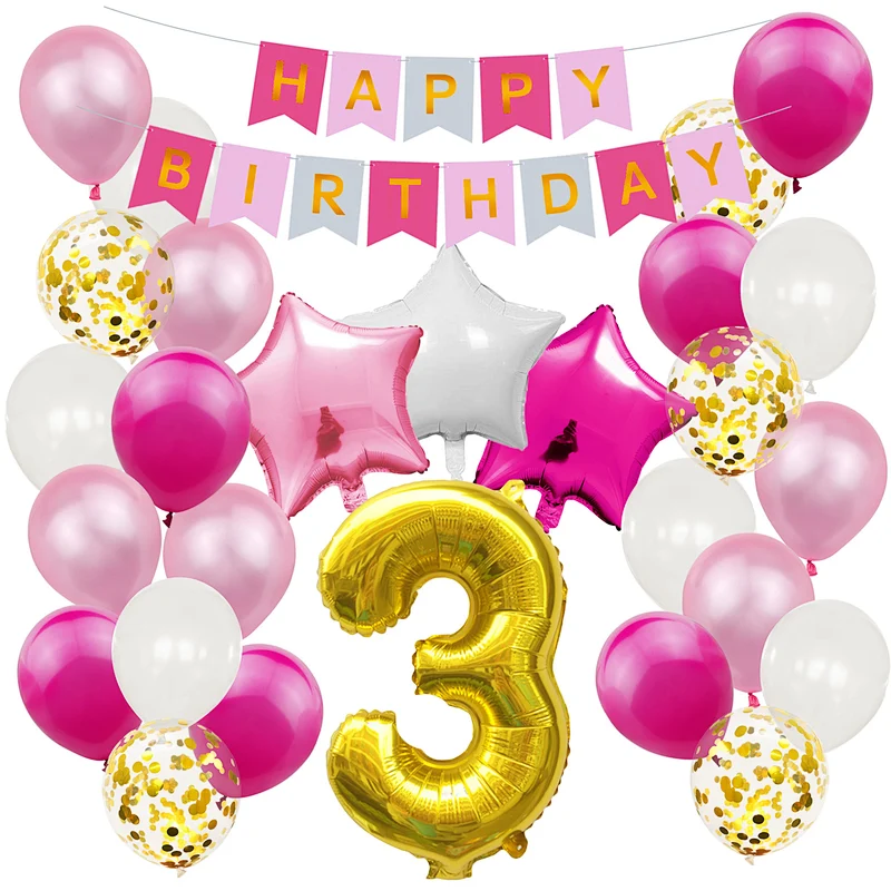 Pink Baby Shower Birthday Party Decoration Supplies Set Happy Birthday Paper Backdrop Banner Number 1/2/3/4/5/6/18 Foil Balloons