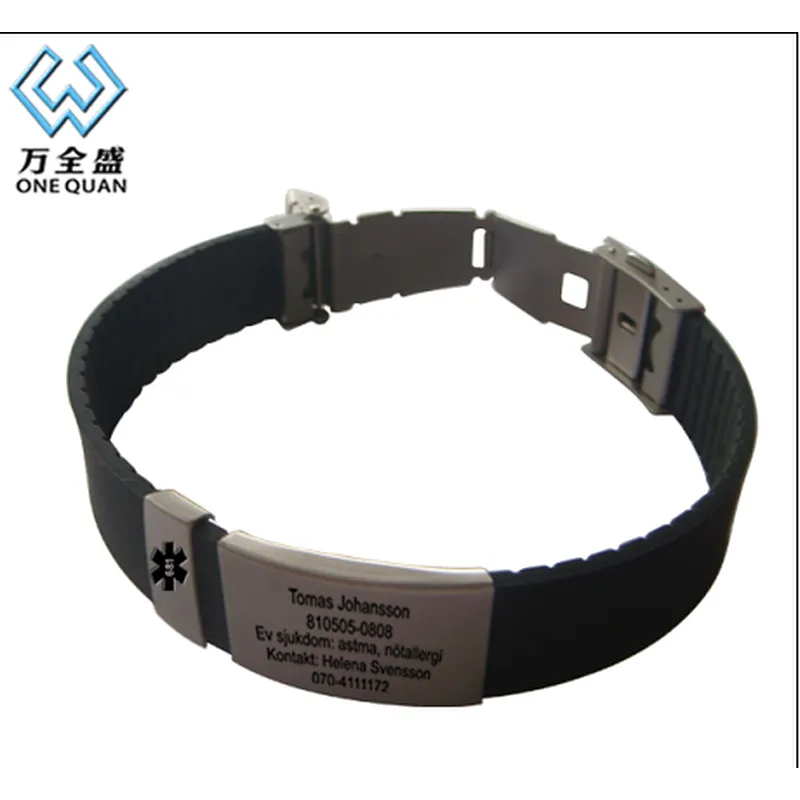 metal plate Sport ID bracelet Engrave id silicone sports bracelet with metal plate and clasp