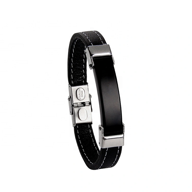 Wholesale stainless steel blanks charm PU leather bracelet