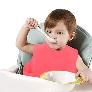 Waterproof Silicone Baby Bib BPA Free Soft  with Food Catcher White Kids Feeding Easily Wipe Clean Food Grade Kids Bib