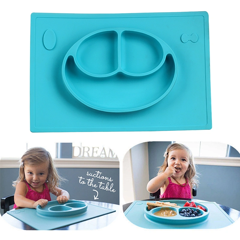 Round silicone one-piece placemat and smiley face compartment plate for infant food supplement