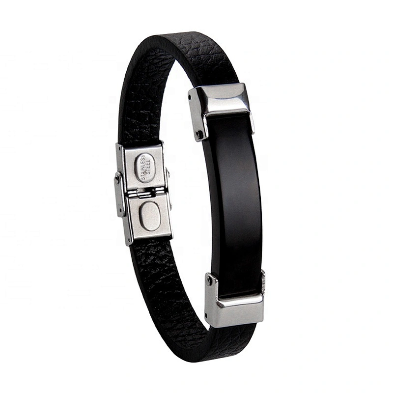 Wholesale stainless steel blanks charm PU leather bracelet