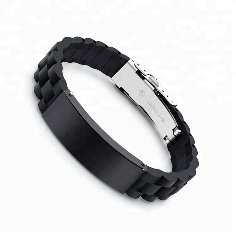 Waterproof Black Skinny Sport Fitness Safety ID Bracelet Hypo-allergenic Silicone with Engraving