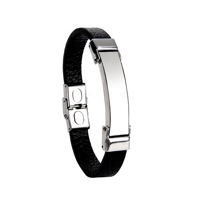 Wholesale stainless steel blanks charm PU leather bracelet