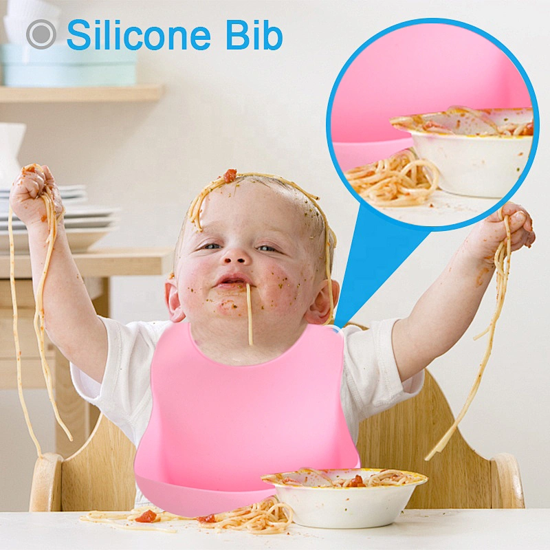 Soft Silicone Feeding Bib - Waterproof Adjustable Snaps Baby Bibs For Infants And Toddlers With Food Catcher Pocket