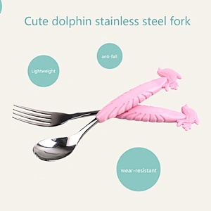 Silicone +Stainless Steel Baby Spoon/fork Sea lion shape Cute animal shape handle