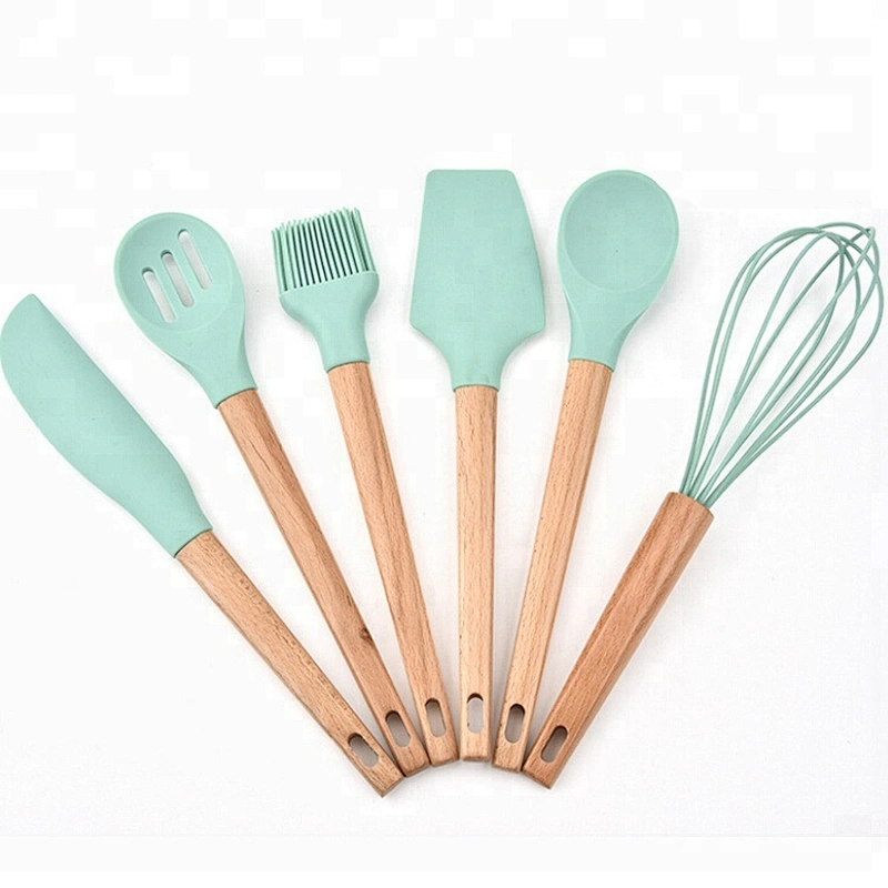 Ecofriendly Solid Wood Silicon Kitchen Ware 6-Piece, Wooden Kitchen Utensils