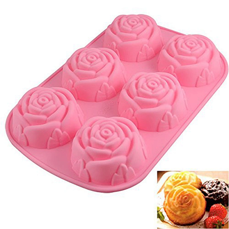 Silicone Fondant Cake Molds, 6-Cavity Flower Shapes Non-Stick Kitchen Baking Pans Ice Cube Trays for Making Candy Chocolate