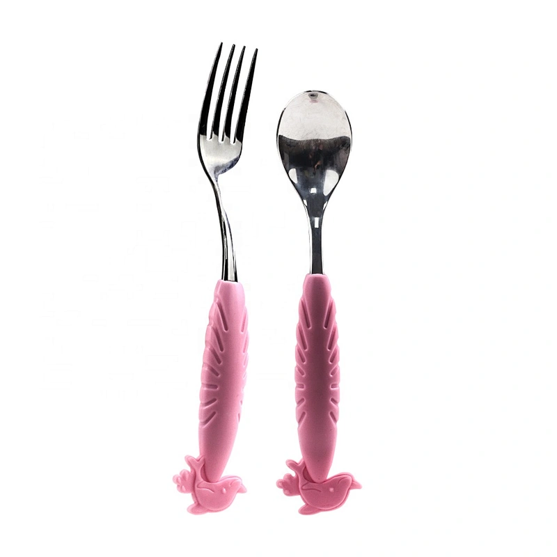 Silicone and 304 stainless steel SGS baby spoon and fork set