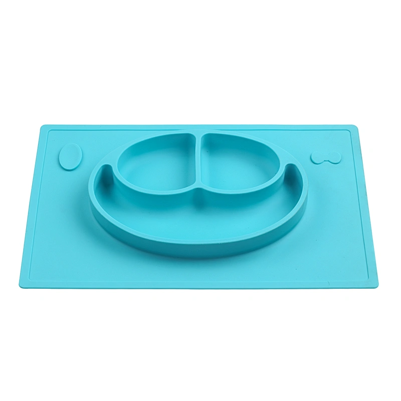 Round silicone one-piece placemat and smiley face compartment plate for infant food supplement
