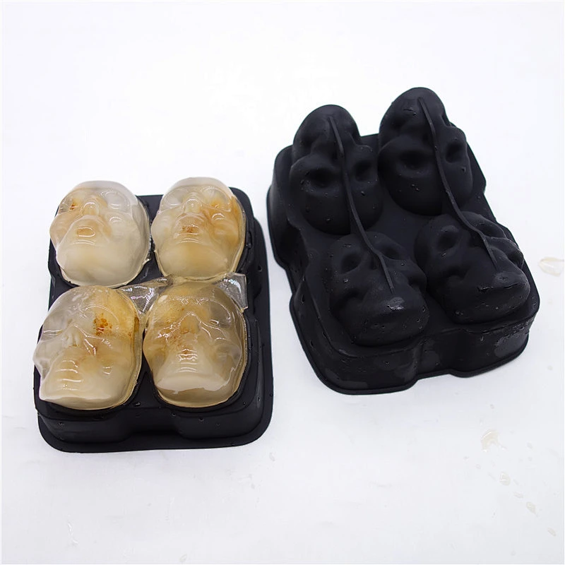 Flexible Silicone Ice Cube Mold Tray  for 3D Skull Makes Four Giant Skulls Round Ice Cube Maker Black