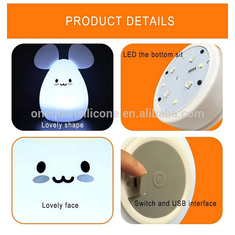 Portable Cute mouse Silicone LED Night Light, Touch Sensor Beside LED Table Lamp, Rechargeable Night lamp