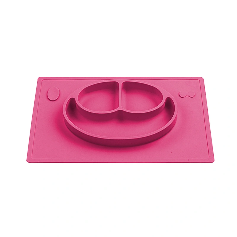 Round silicone one-piece placemat and smiley face compartment plate for infant food supplement