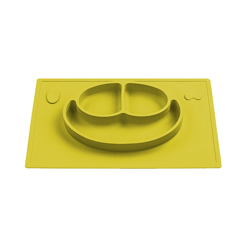 Round silicone one-piece placemat and smiley face compartment plate for infant food supplement