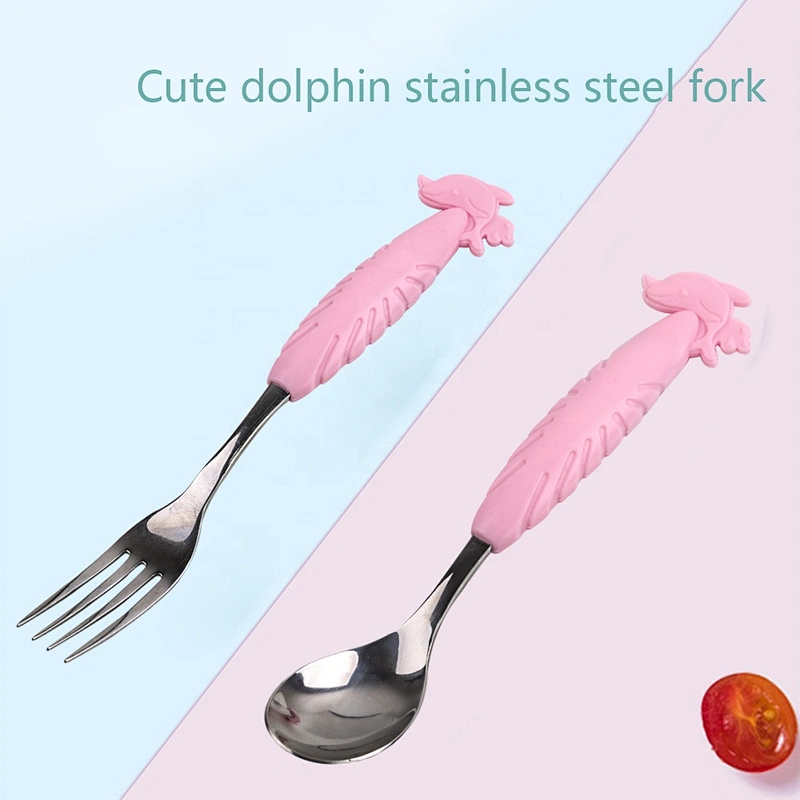 Silicone and 304 stainless steel SGS baby spoon and fork set