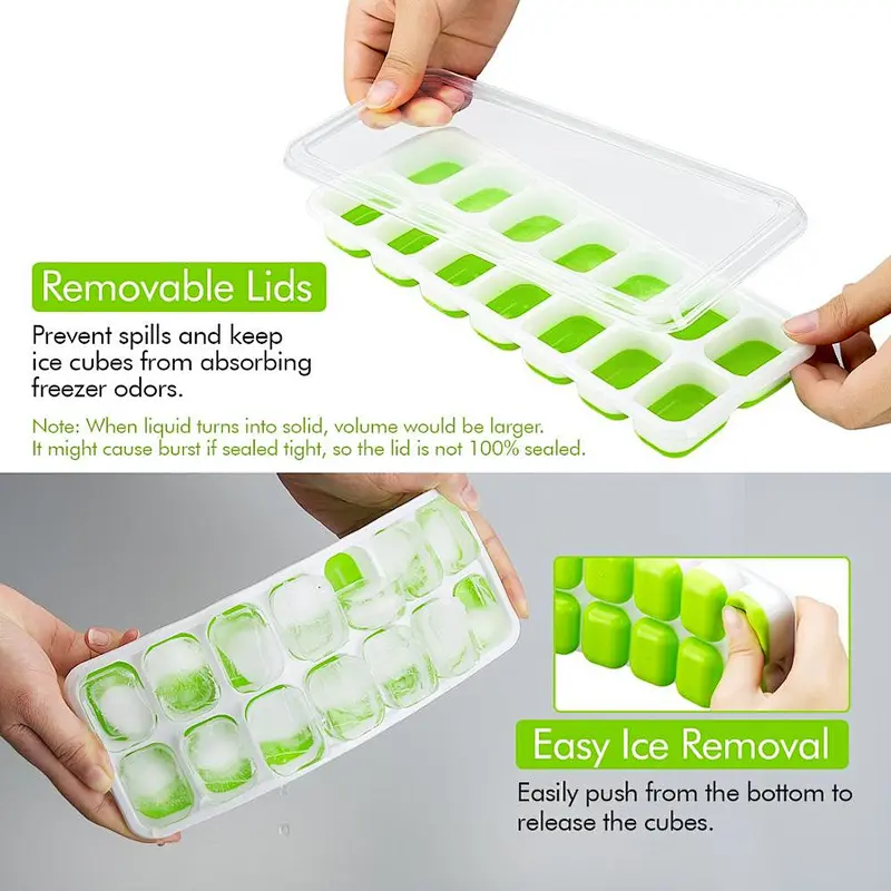 Clear Ice Cube Easy-Release Silicone Flexible 14-Ice  Cube Trays with Spill-Resistant Lid, Stackable Durable and Dishwasher Safe
