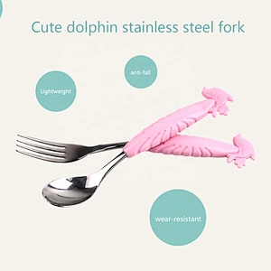 Silicone and 304 stainless steel SGS baby spoon and fork set