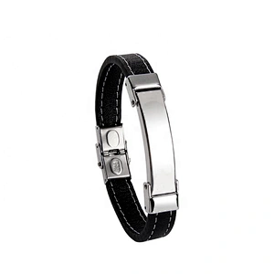Wholesale stainless steel blanks charm PU leather bracelet